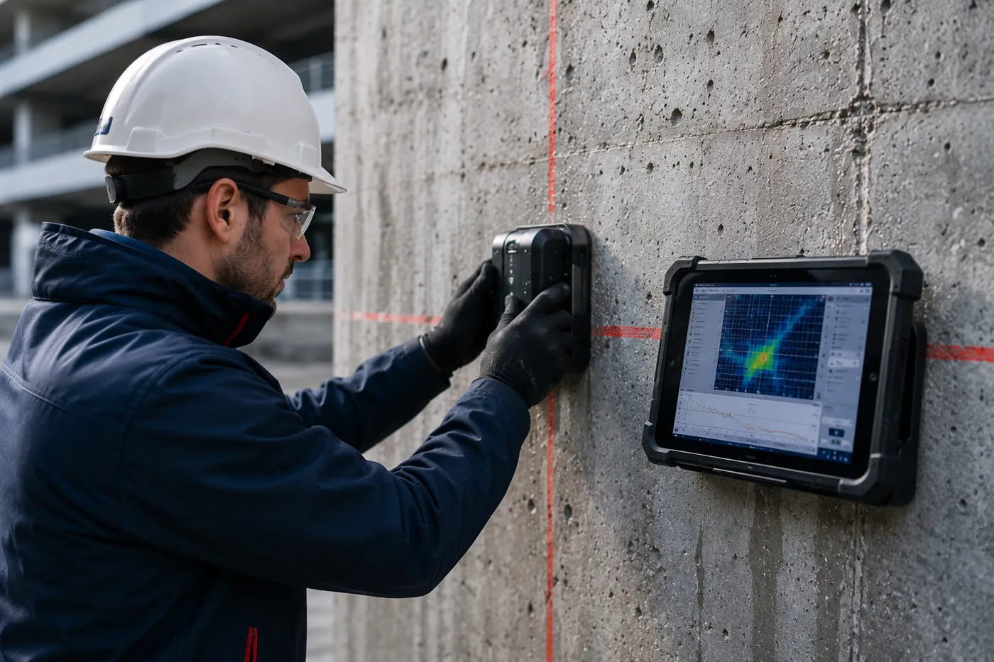 BBI-Ingenieur bei der zerstörungsfreien Bauwerksuntersuchung an einer Betonwand